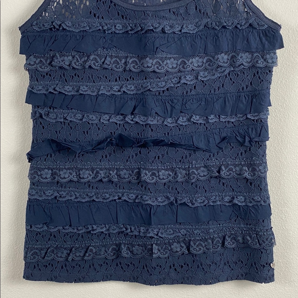 Abercrombie & Fitch Floral Lace Ruffle Layer Tank Top | Semi Sheer, Lined | Navy - Picture 4 of 16